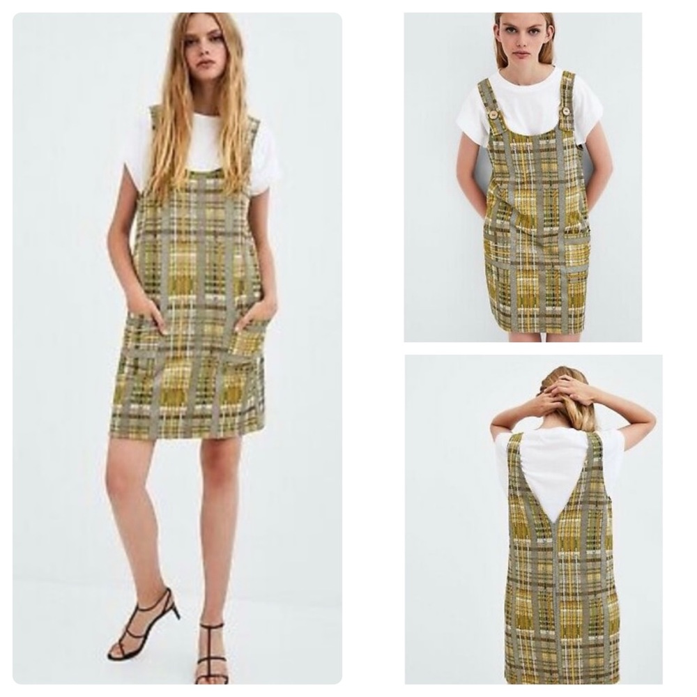 ZARA WOMEN MULTI COLOR SHINY CHECK PINAFORE OVERALL DRESS SIZE S NWT